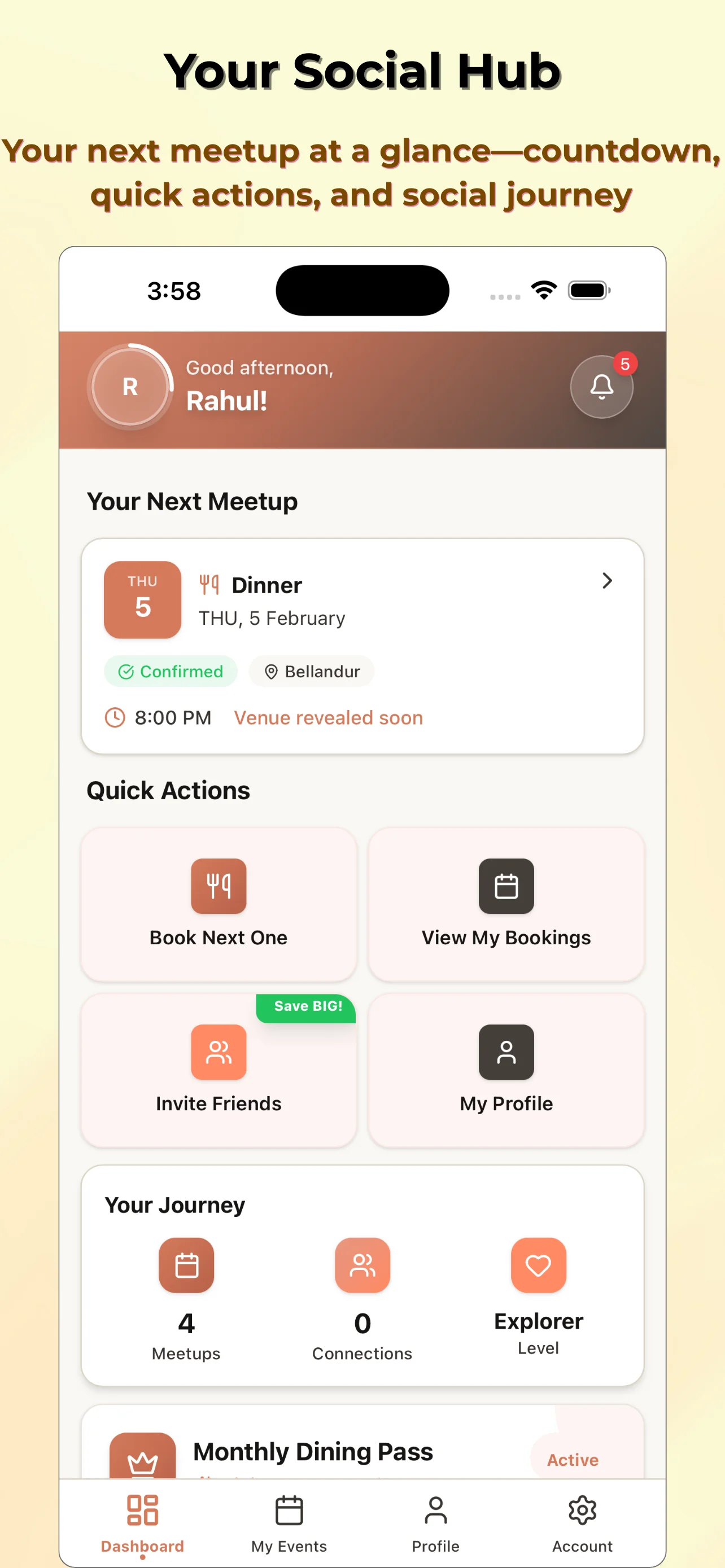 Kaiwa Dashboard — Your Social Hub with upcoming meetups and journey stats