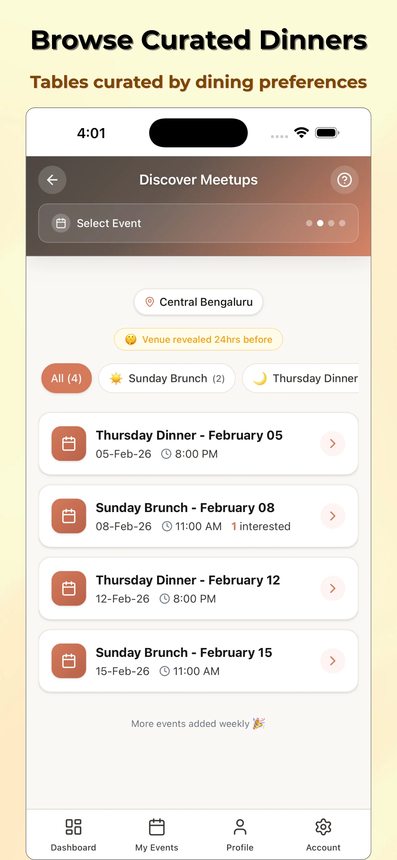 Kaiwa Events — Browse curated dinners by date and preference