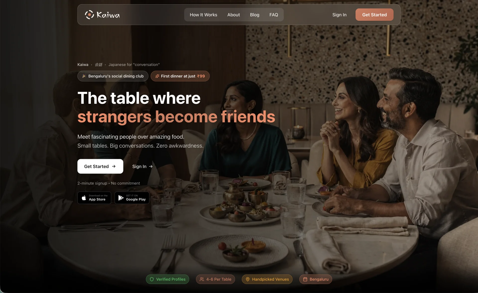Kaiwa landing page — The table where strangers become friends