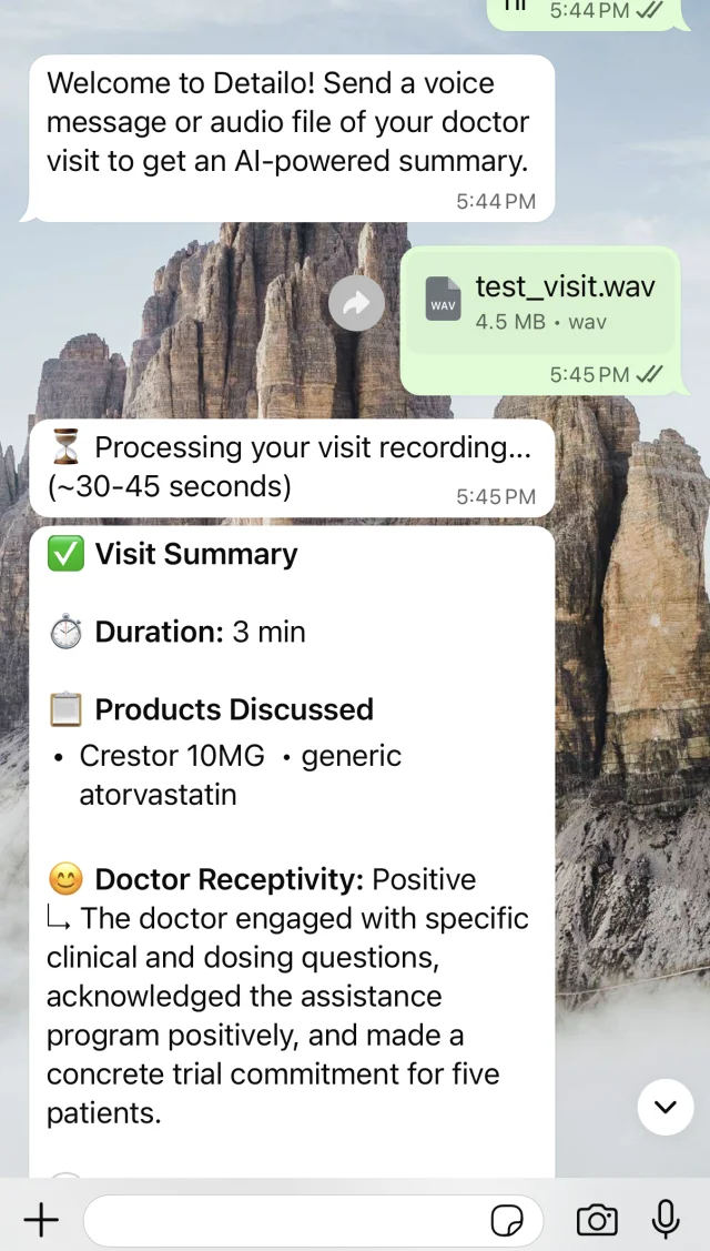 WhatsApp conversation — MR sends voice recording, bot starts processing