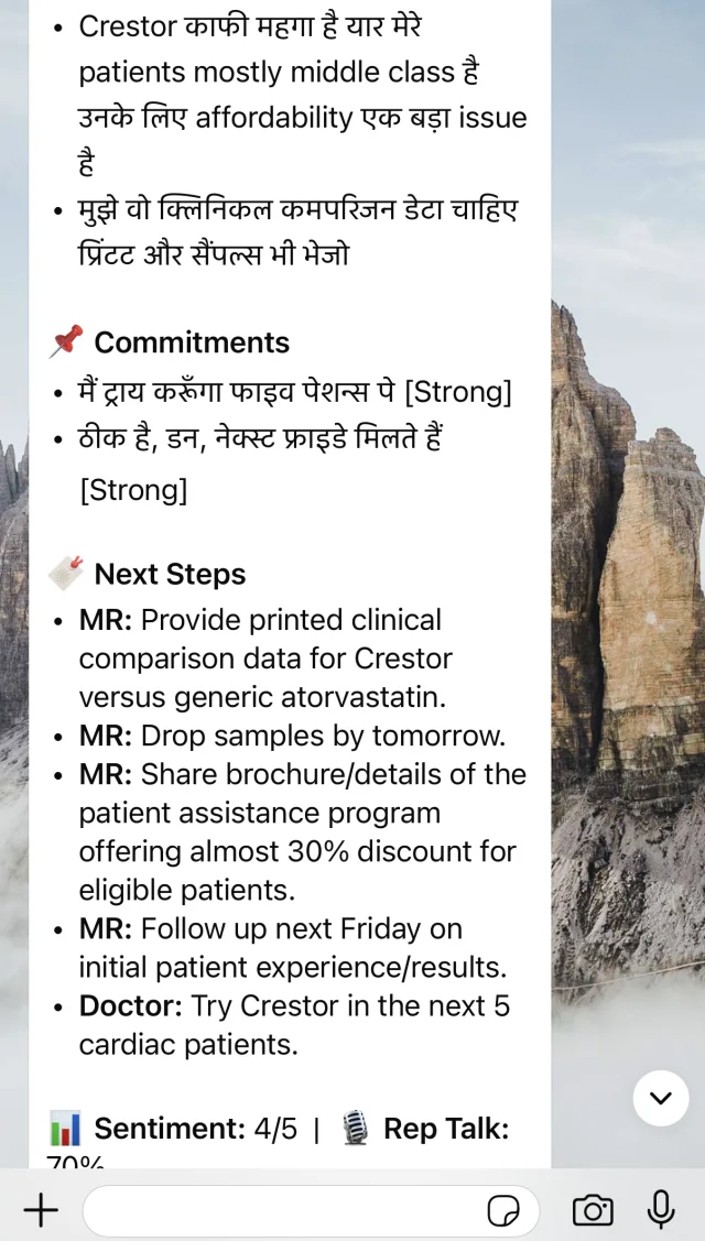 Structured report — objections raised, commitments, and next steps extracted