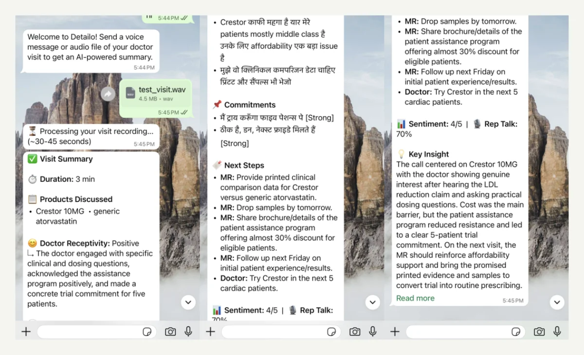 MR Voice WhatsApp bot generating a structured visit report from a voice note