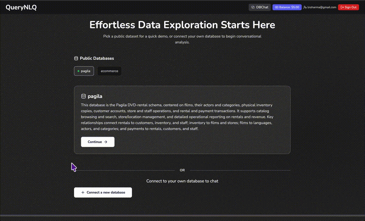 QueryNLQ interface showing natural language query converted to SQL